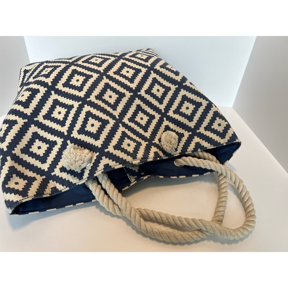 Summer & Rose Nautical Tote, Geometric Pattern, Rope Handles, Blue & White - Picture 15 of 16